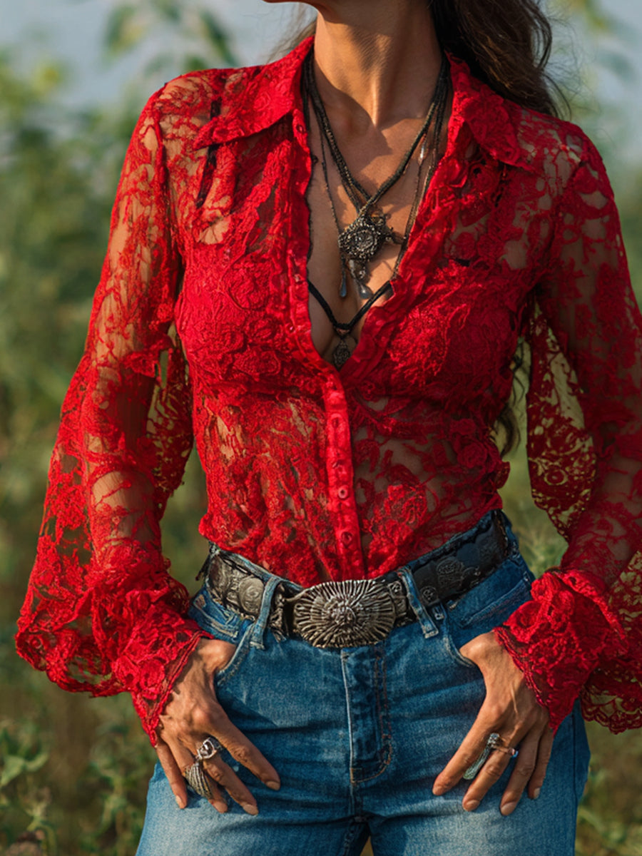 Ursiime Western Red Lace See-Through Lantern Sleeve Button Blouse
