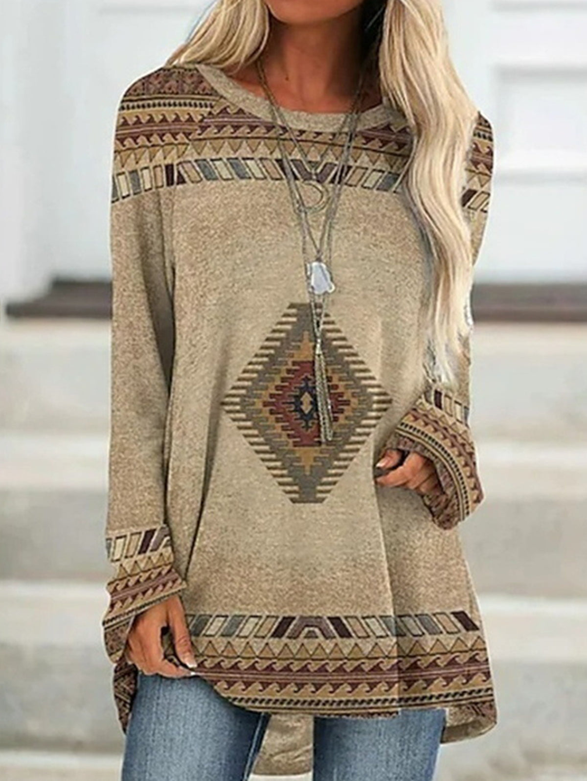 Ethnic Retro Print Crew Neck Long Sleeve T-Shirt