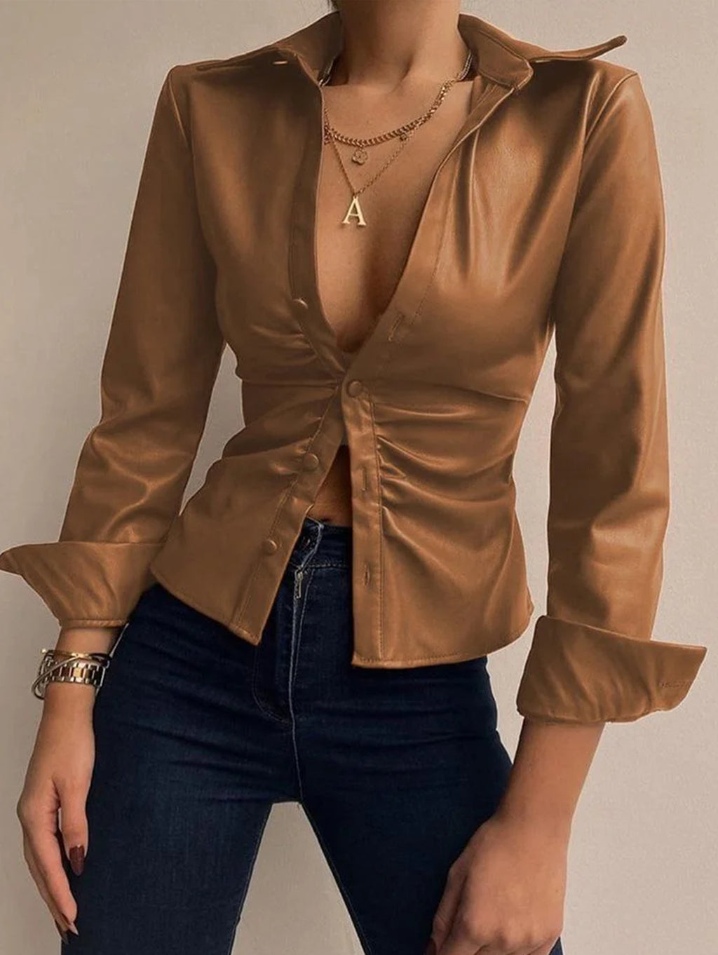 Casual PU Leather Shirt Collar Button Long Sleeve Blouse