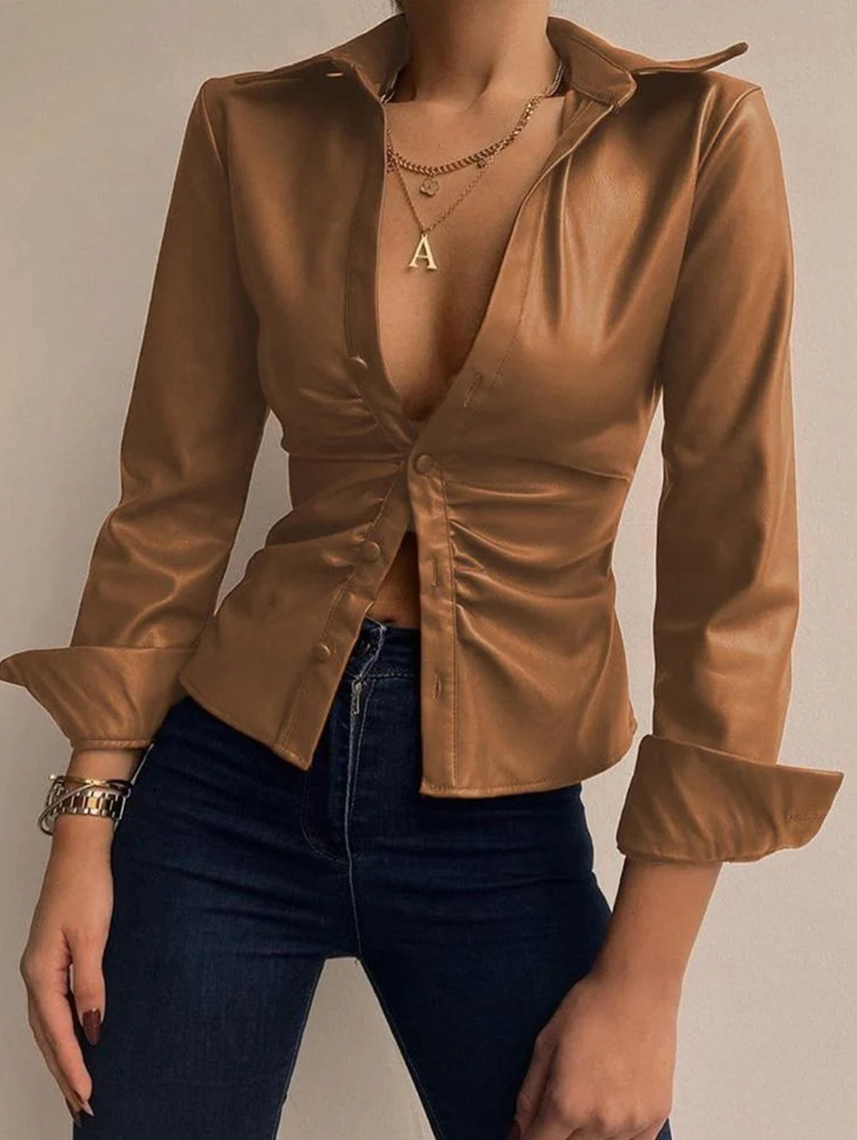 Casual PU Leather Shirt Collar Button Long Sleeve Blouse