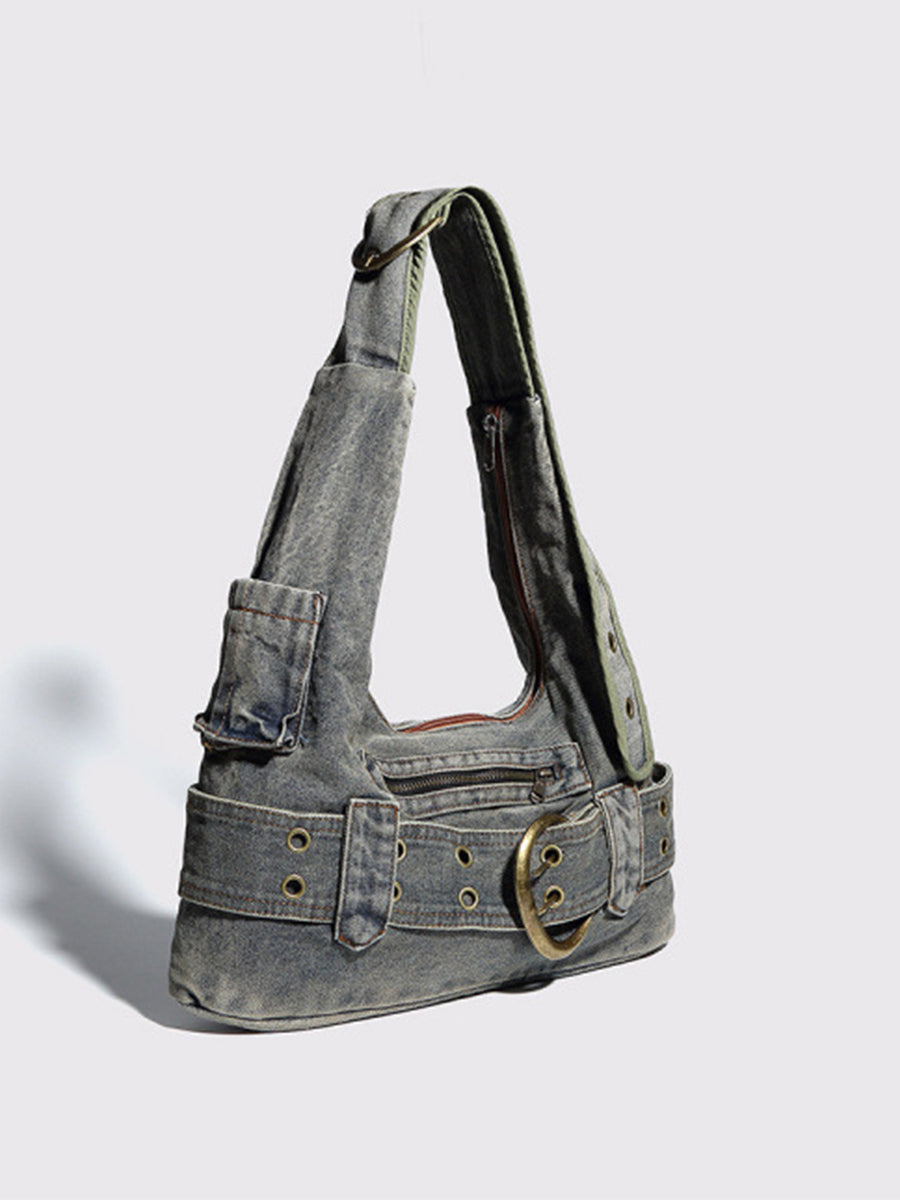 Fashion Distressed Denim Buckle Belt Decor Hobo Bag