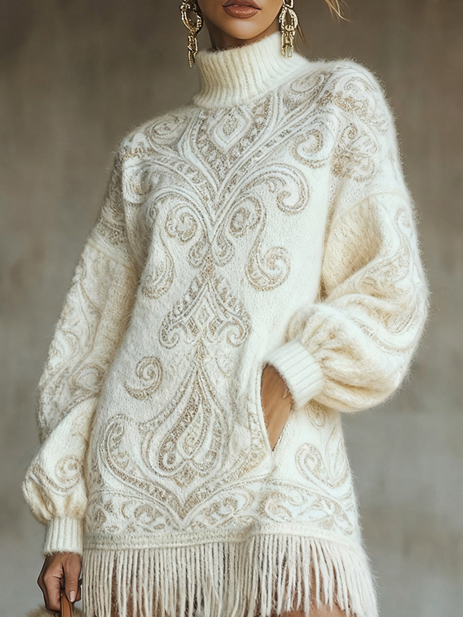 Ursiime Daily Beige Paisley High Collar Long Sleeve Strappy Vintage Pocket Mohair Mini Dresses [Pre-Order]