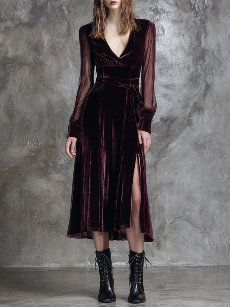 Ursiime Cocktail Party Burgundy V Neck Long Sleeve See Through Casual Split Velvet Midi Dresses