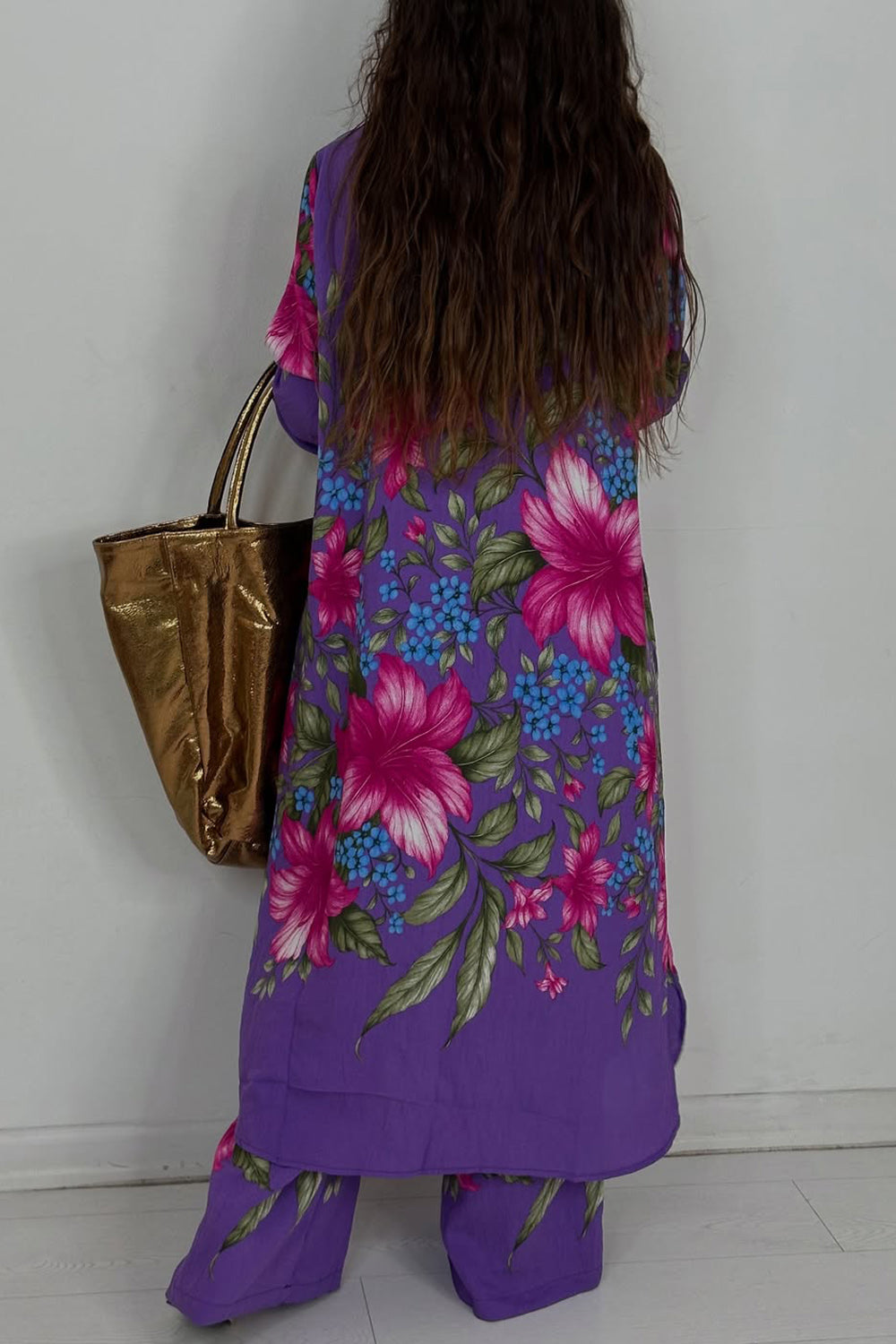 Ursiime Design Business Casual White Tropical Print Long Sleeve Pocket Casual Wide Leg Two Piece Pant Sets [Pre-Order]