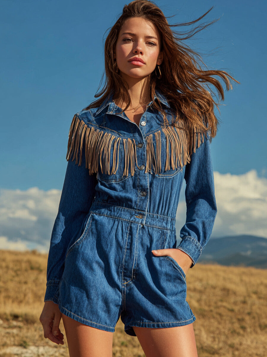 Ursiime Festival Blue Shirt Collar Long Sleeve Strappy Western Pocket Denim Rompers [Pre-Order]