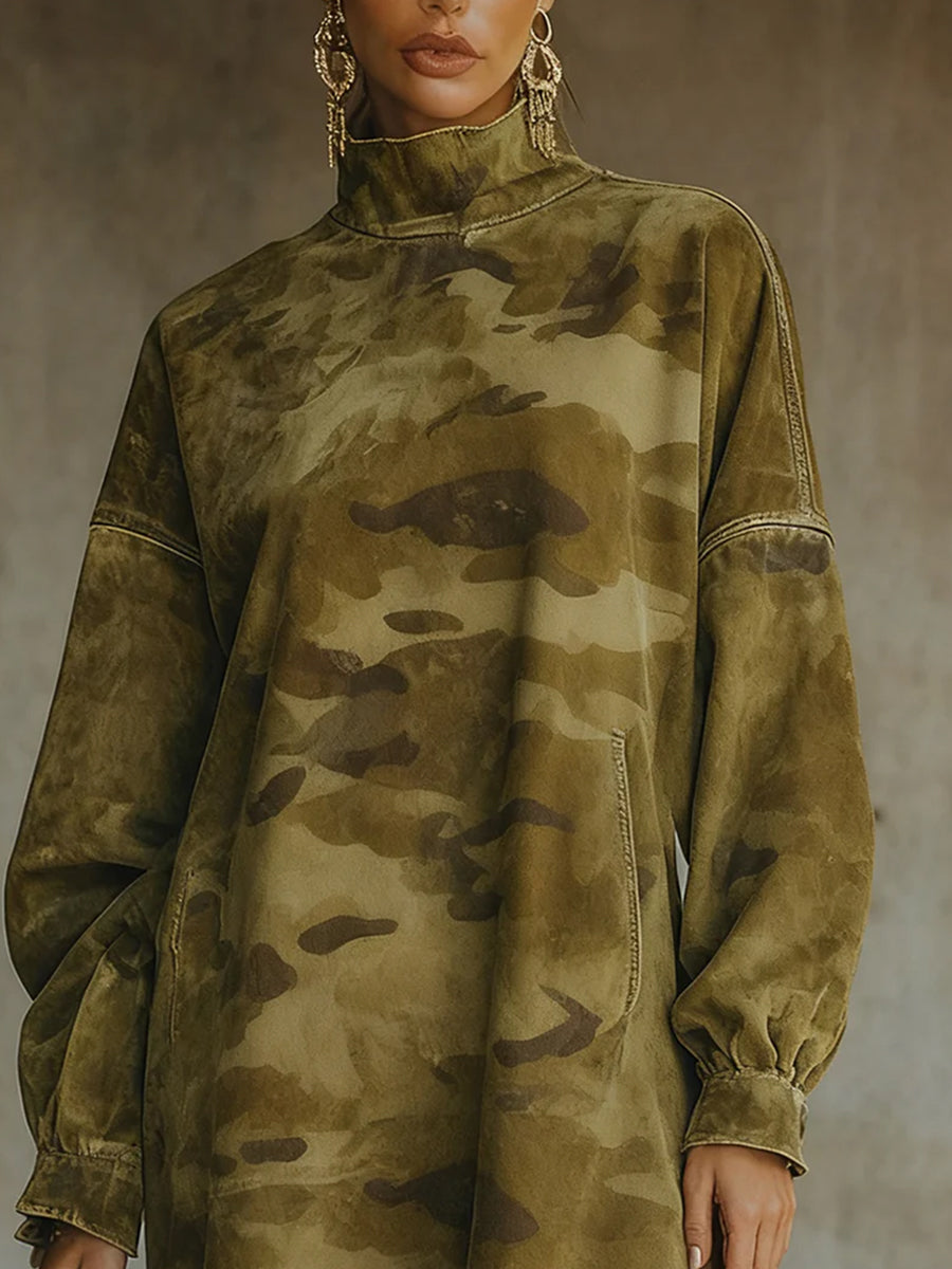 Ursiime Daily Army Green Camo High Collar Lantern Sleeve Long Sleeve Strappy Casual Pocket Midi Dresses [Pre-Order]