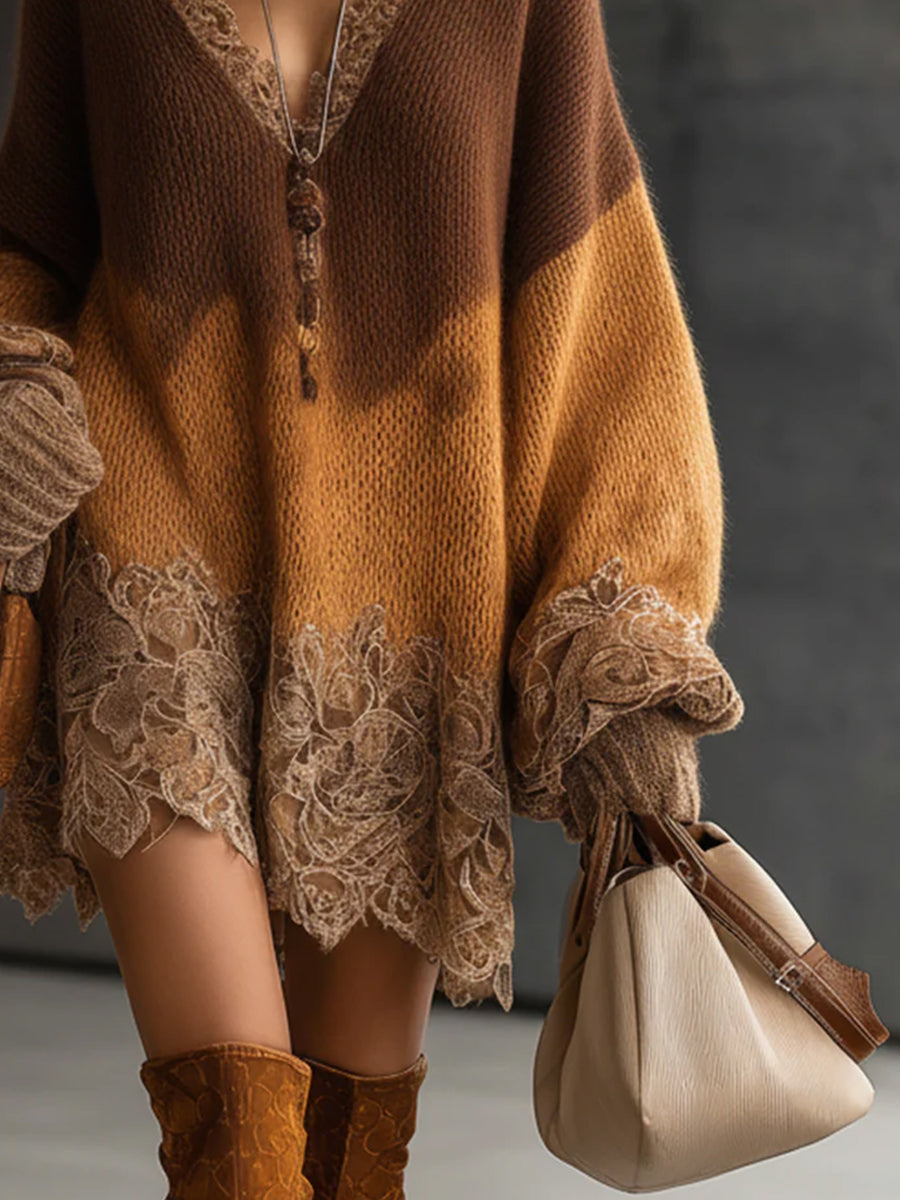 Ursiime Party Lace Brown Colorblock V Neck Lantern Sleeve Long Sleeve Contrast Boho Knitted Mini Dresses