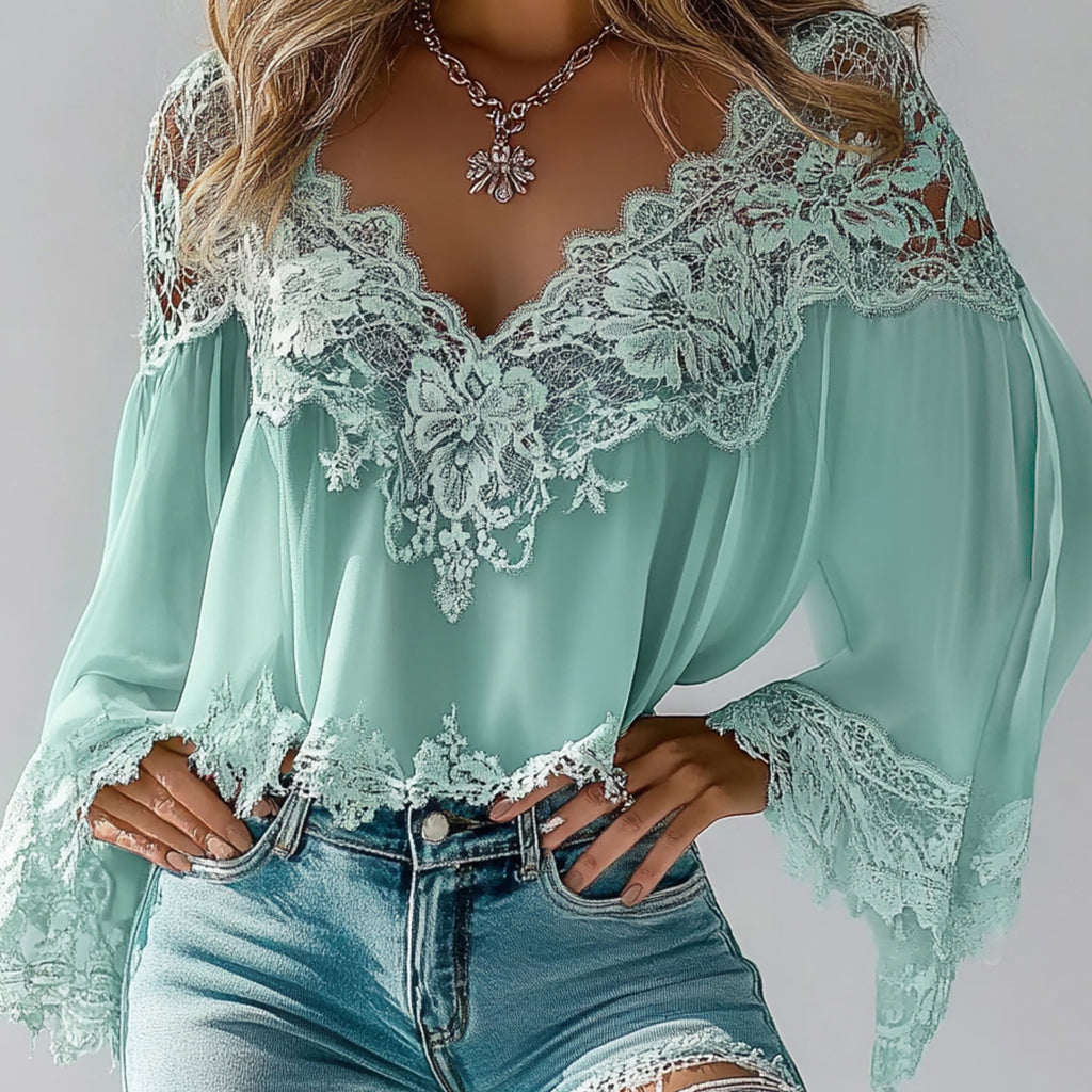 Ursiime Casual Floral Lace V Neck Long Sleeve Blouse