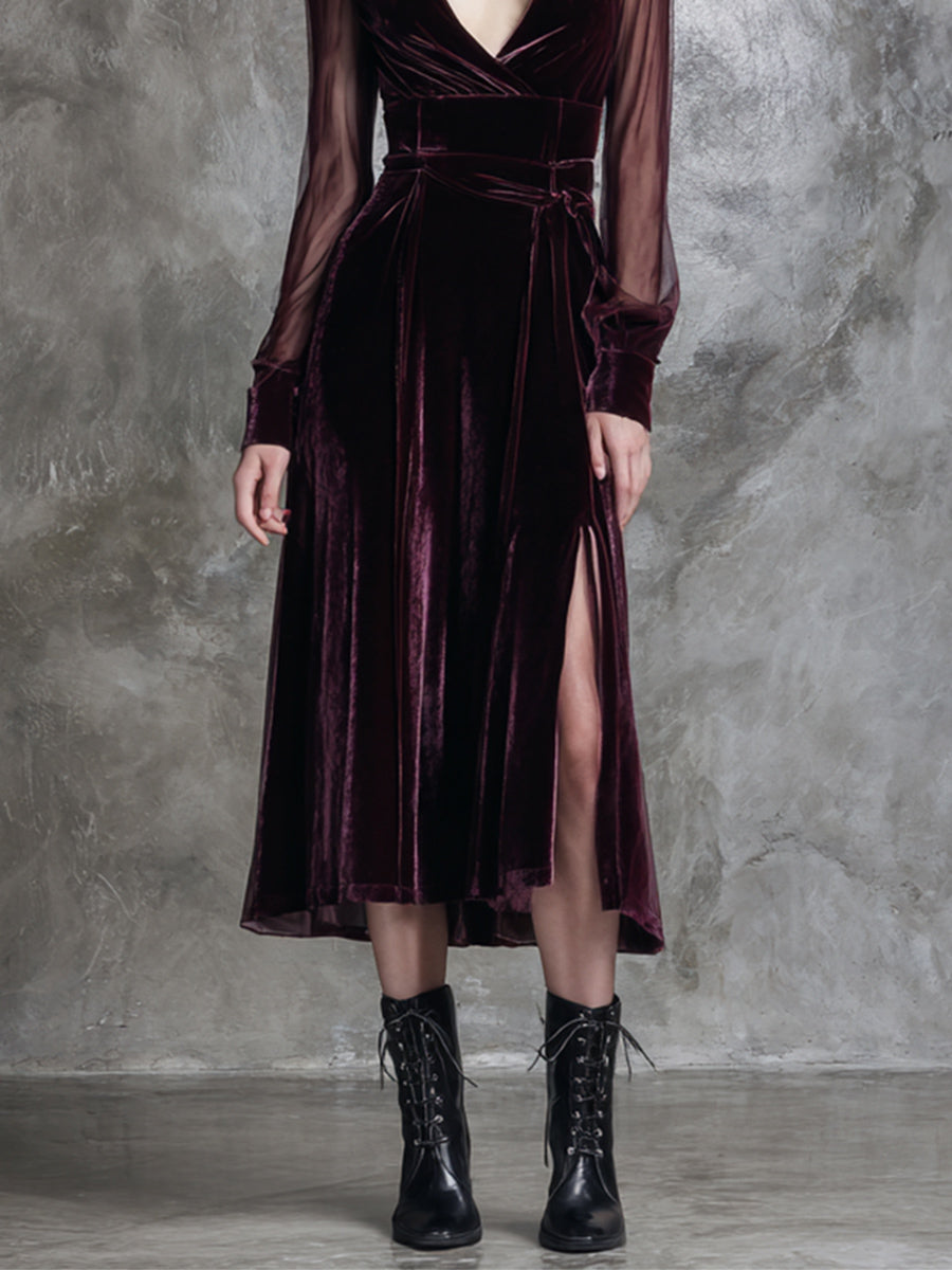 Ursiime Cocktail Party Burgundy V Neck Long Sleeve See Through Casual Split Velvet Midi Dresses