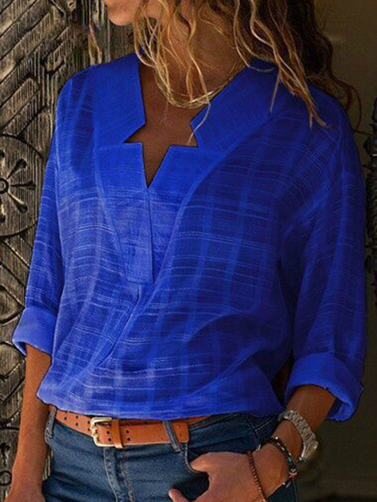 V Neck Long Sleeve Solid Color Shirts