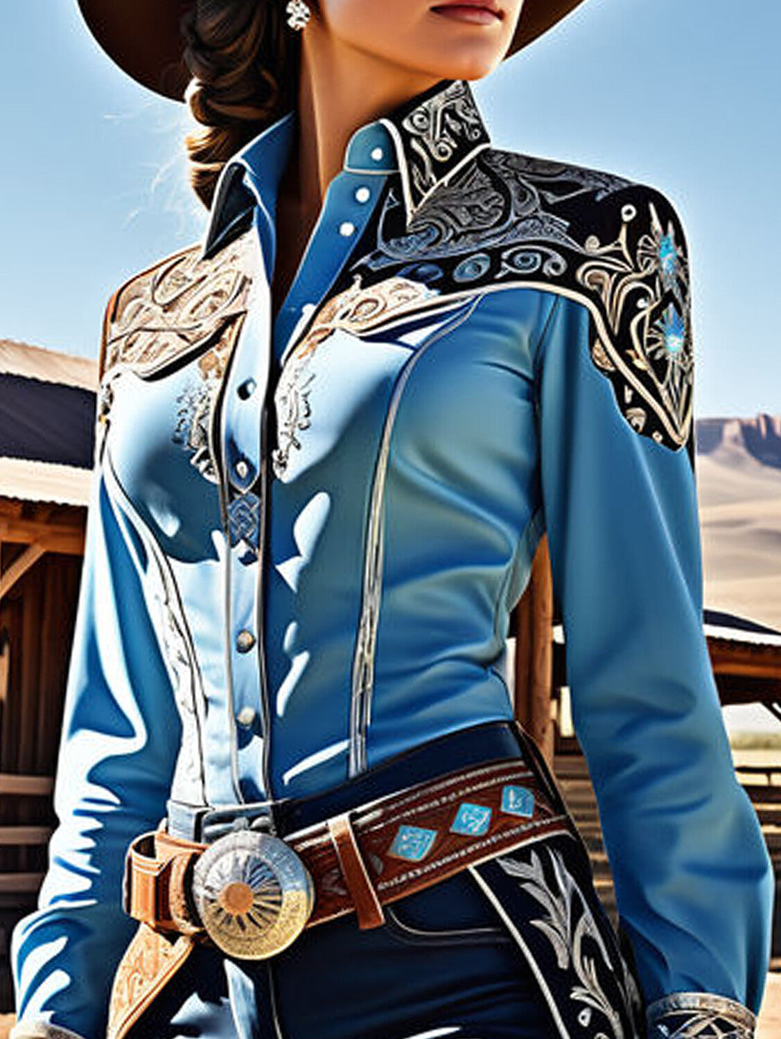 Ursiime Western Print Shirt Collar Buttons Long Sleeve Blouse