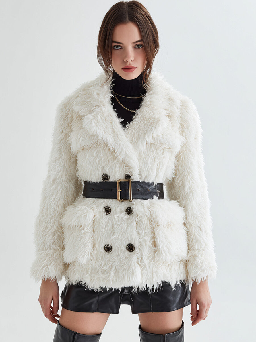 Ursiime Business Casual White Lapel Collar Long Sleeve Cargo Casual Faux Fur Jacket