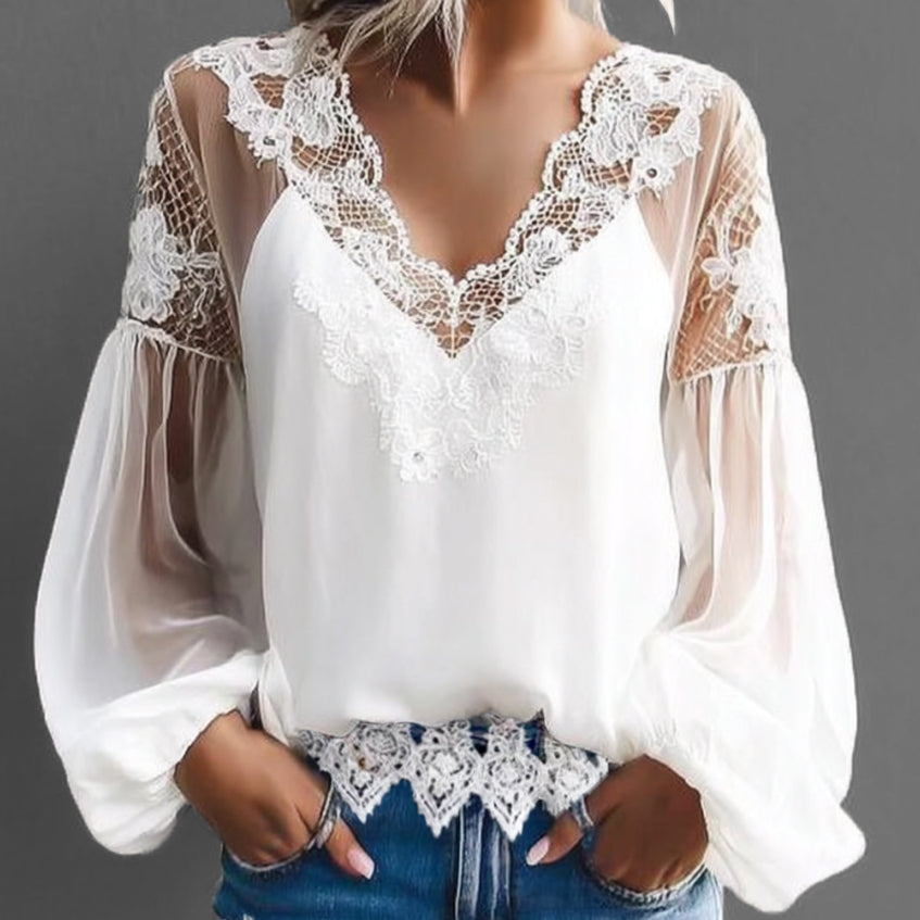 Ursiime Hollow Lace V Neck Lantern Sleeve Blouse