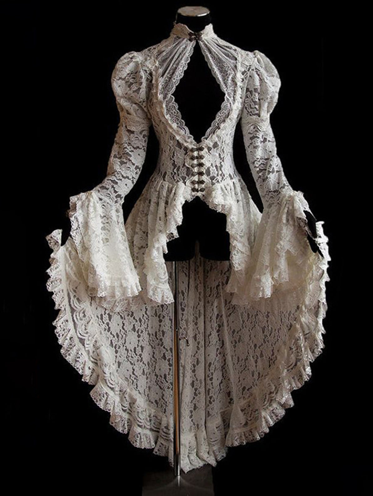 Retro Lace Splicing Stand Collar Flare Sleeve Maxi Dress