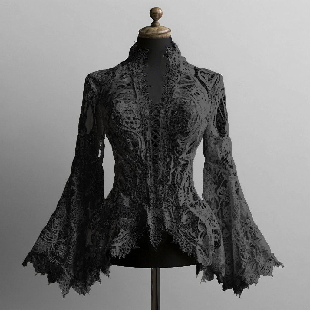 Ursiime Lace Hollow Out Flare Sleeve Lace-Up Blouse