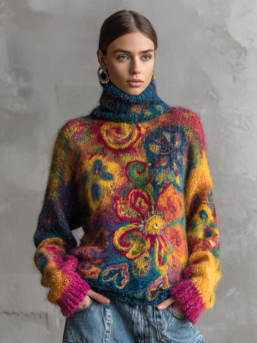 Ursiime Daily Multicolor Tribal High Collar Long Sleeve Boho Mohair Sweaters