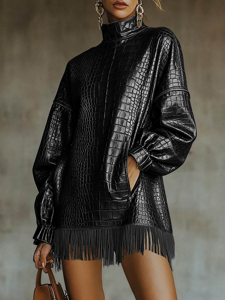Ursime Fashion Dark Brown High Neck Lantern Sleeve Pocket Fringe Crocodile PU Leather Mini Dress