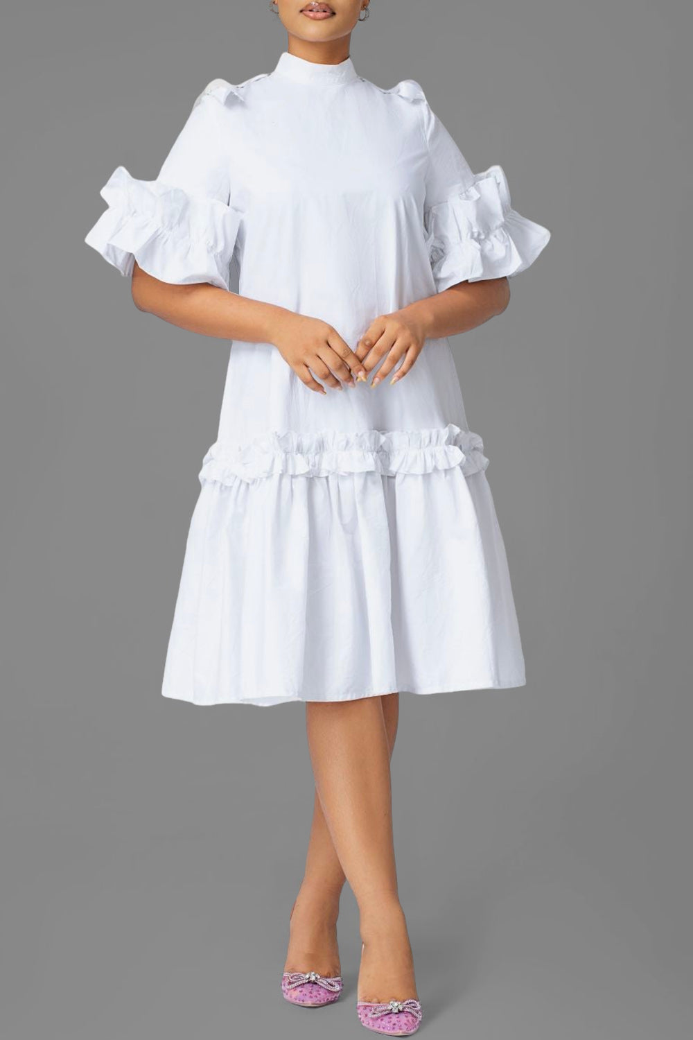 Ursiime Design Business Casual White Shirt Collar Short Sleeve Ruffle Elegant Midi Dresses [Pre-Order]