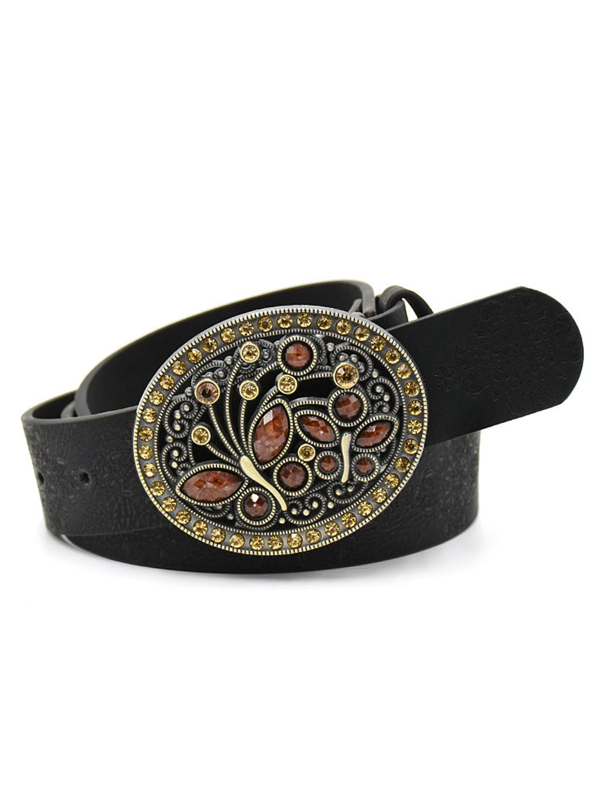 Retro Rhinestone Floral Buckle PU leather Belt