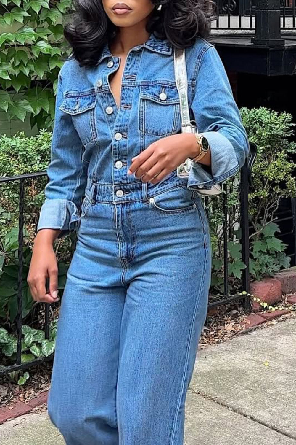 Ursiime Design Business Casual Blue Shirt Collar Long Sleeve Pocket Elegant Denim Jumpsuits [Pre-Order]