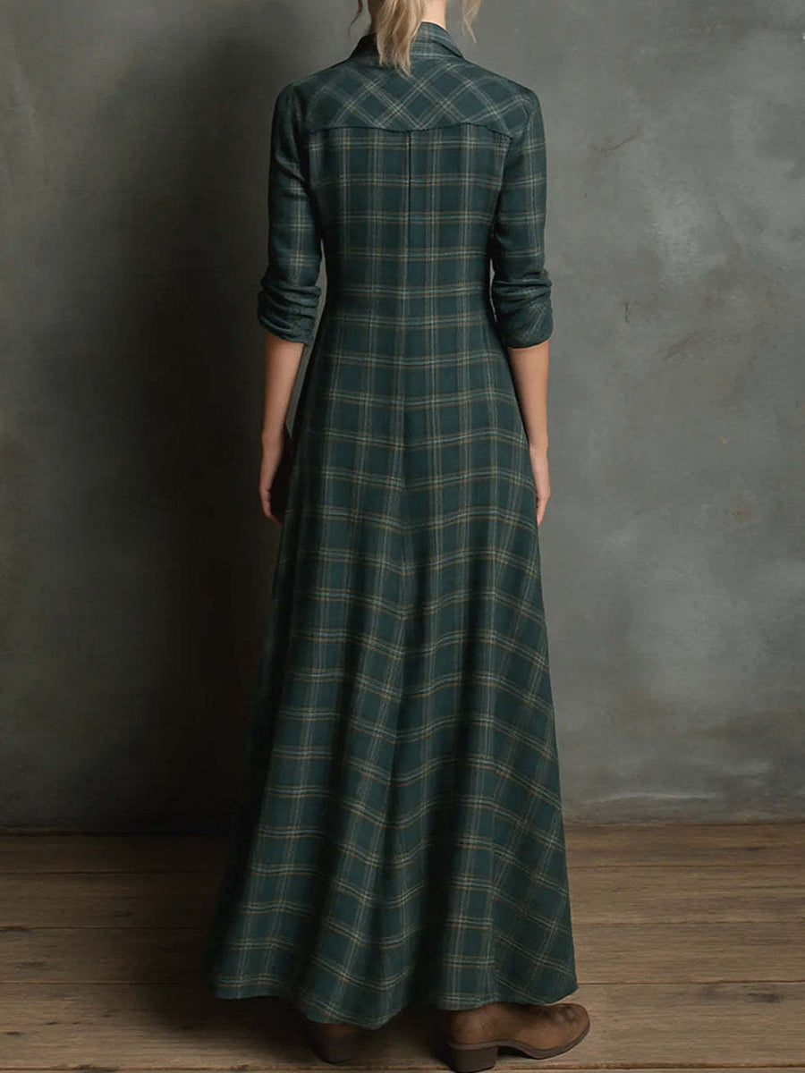 Casual Dark Green Plaid Shirt Collar Long Sleeve Button Pocket Maxi Dress