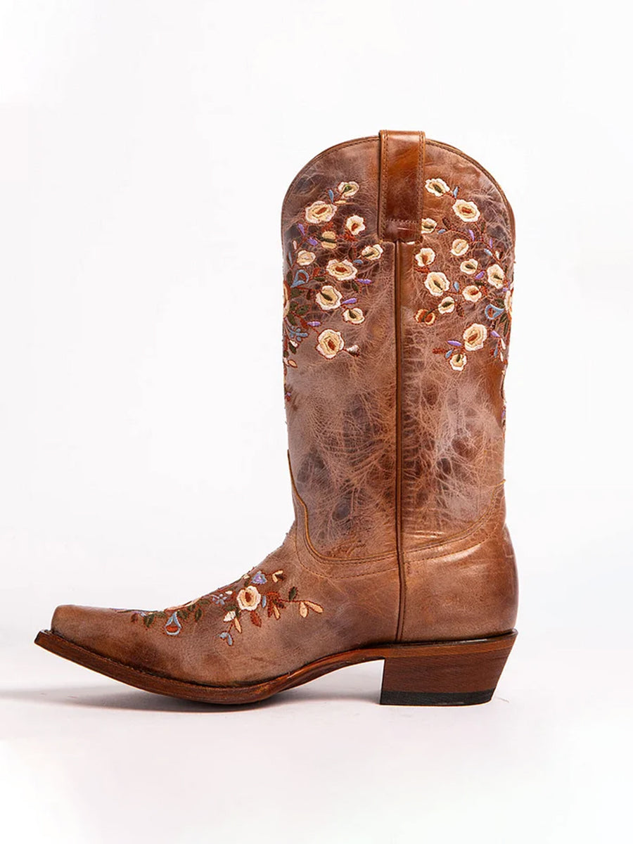 Western Brown PU Leather Floral Embroidery Square Toe Boots