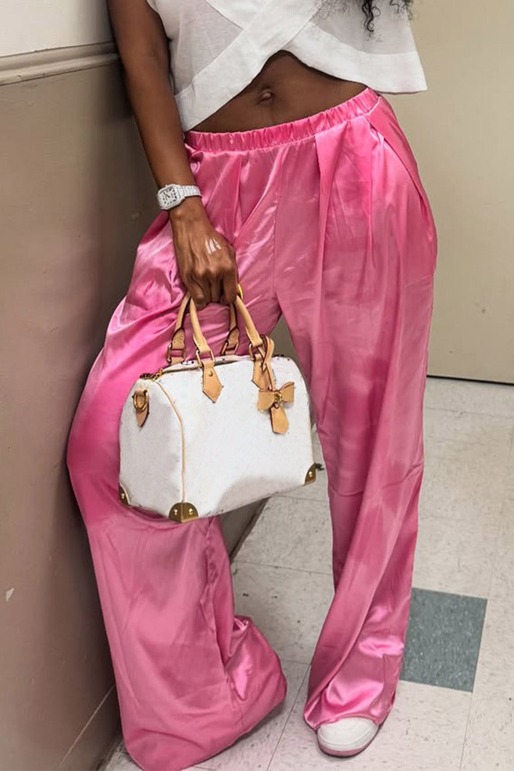 Ursiime Design Daily Pink Wide Leg Casual Satin Pants [Pre-Order]
