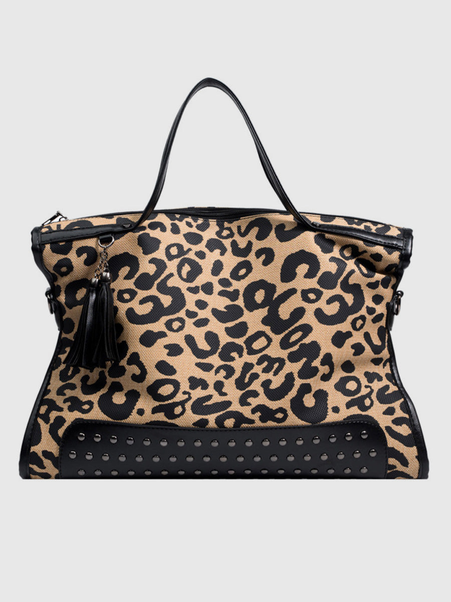 Casual Brown Leopard Print PU Leather Trim Studded Shoulder Bags