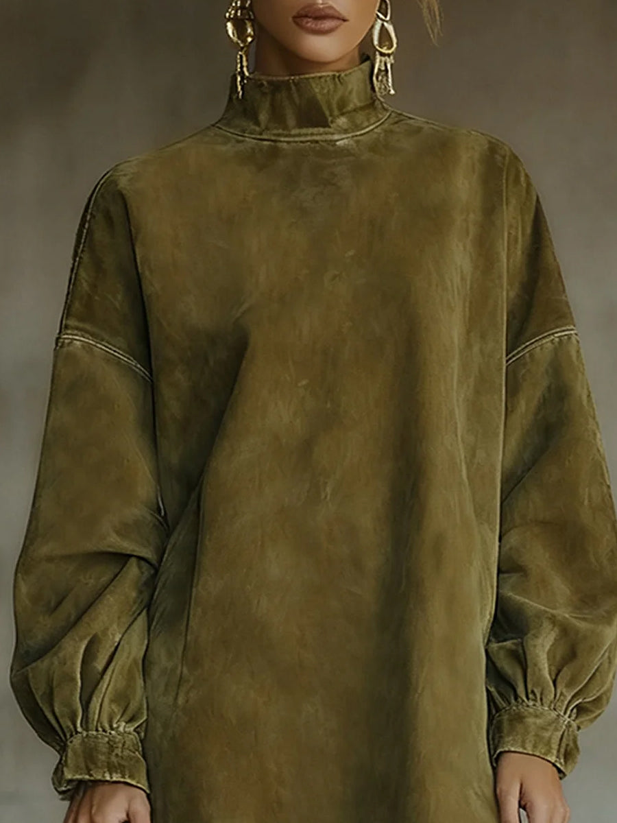 Ursiime Daily Lace Army Green High Collar Lantern Sleeve Long Sleeve Ruffle Casual Chamois Midi Dresses [Pre-Order]