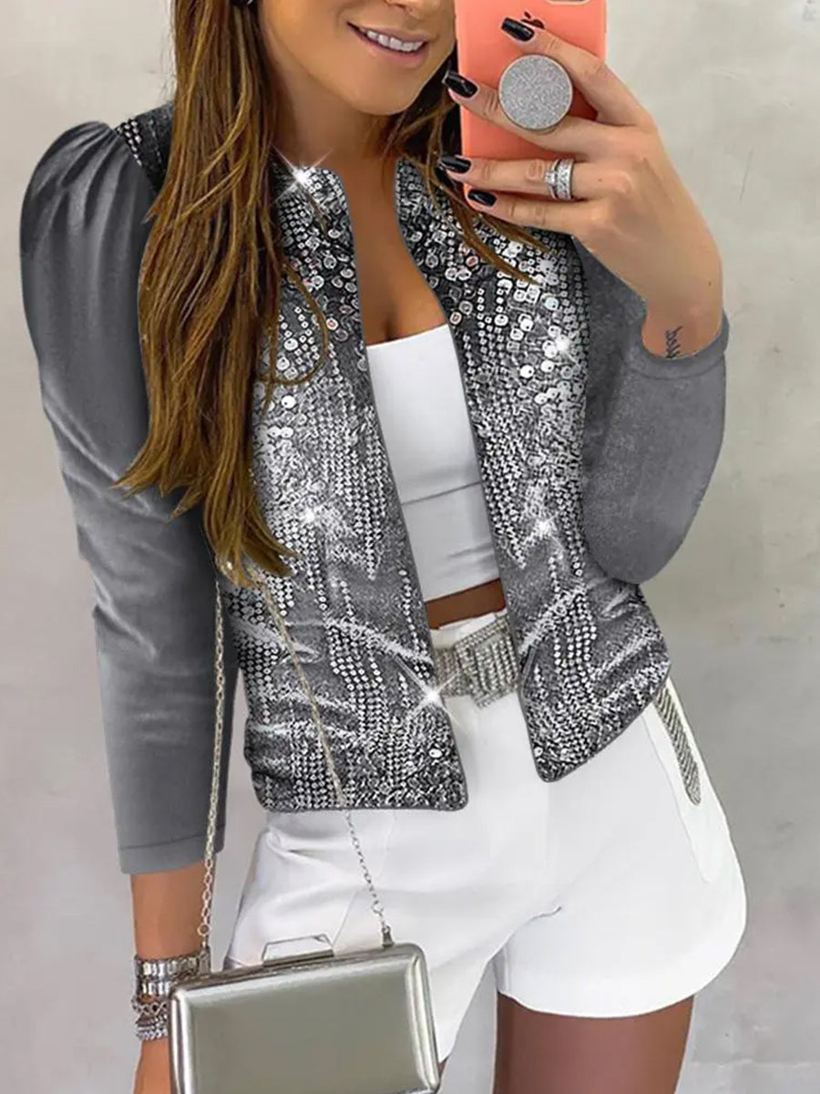 Fashion Leopard Print Sequin Long Sleeve Cropped Open Front Jacket