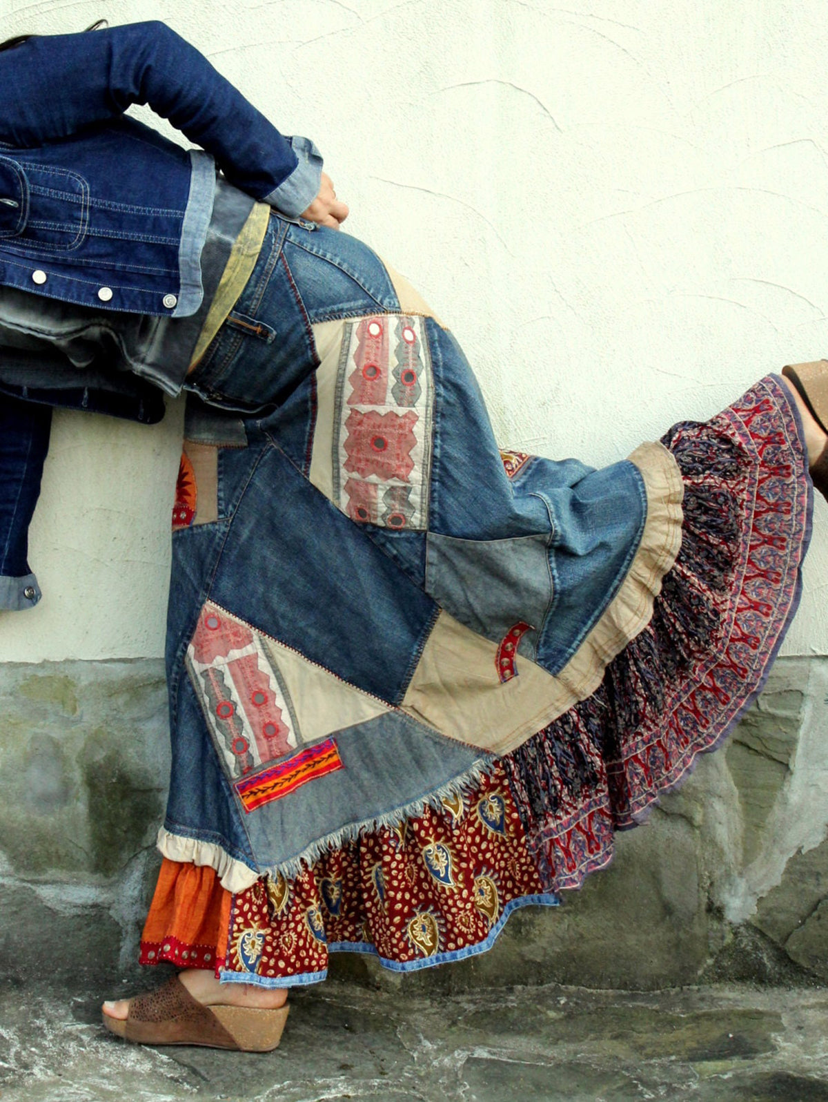 Vintage Boho Colorblock Denim Patchwork Belt Midi Skirt