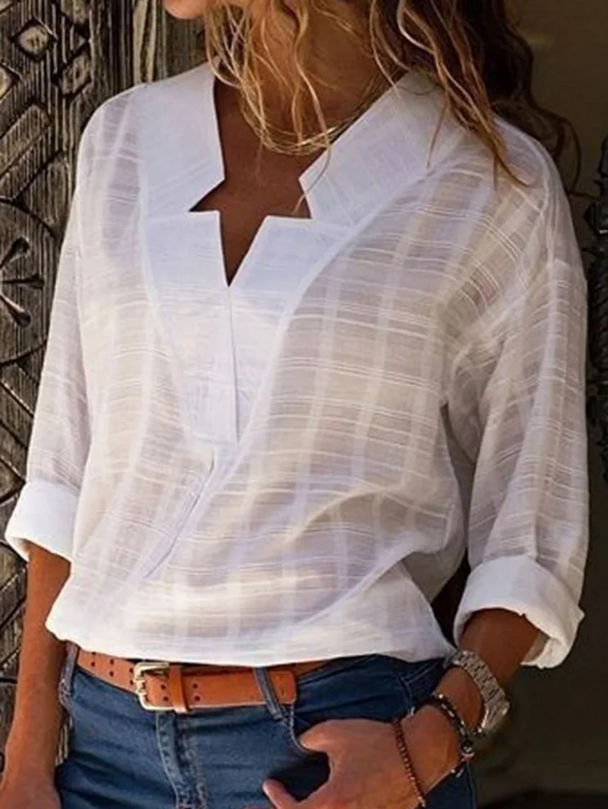 V Neck Long Sleeve Solid Color Shirts