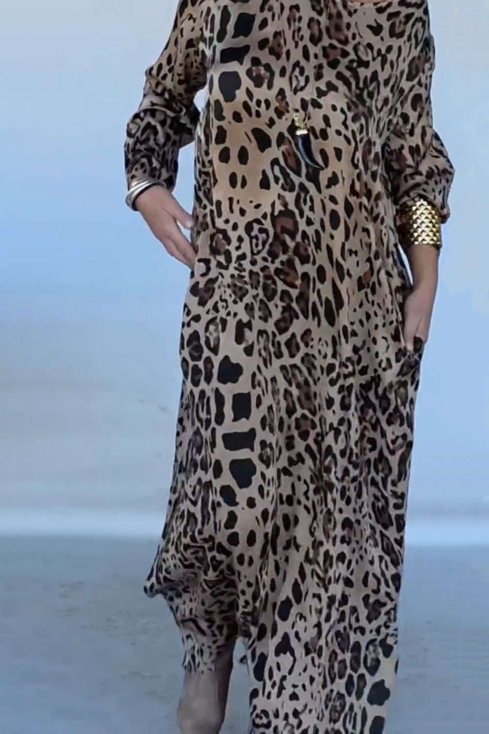 Ursiime Design Daily Brown Leopard Oblique Collar Long Sleeve Pocket Elegant Maxi Dresses [Pre-Order]