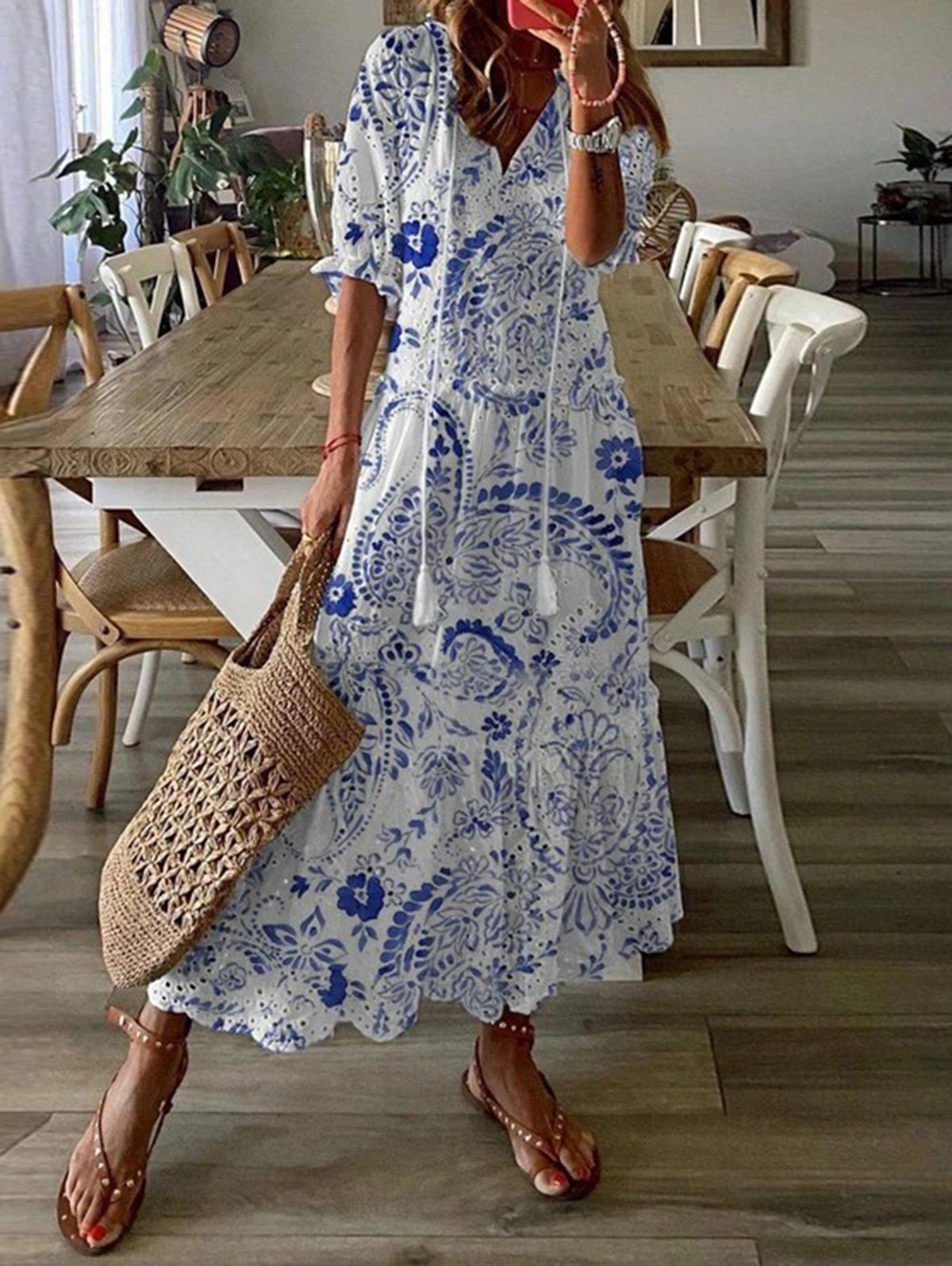 Retro Half Sleeve Casual V Neck Midi Dress