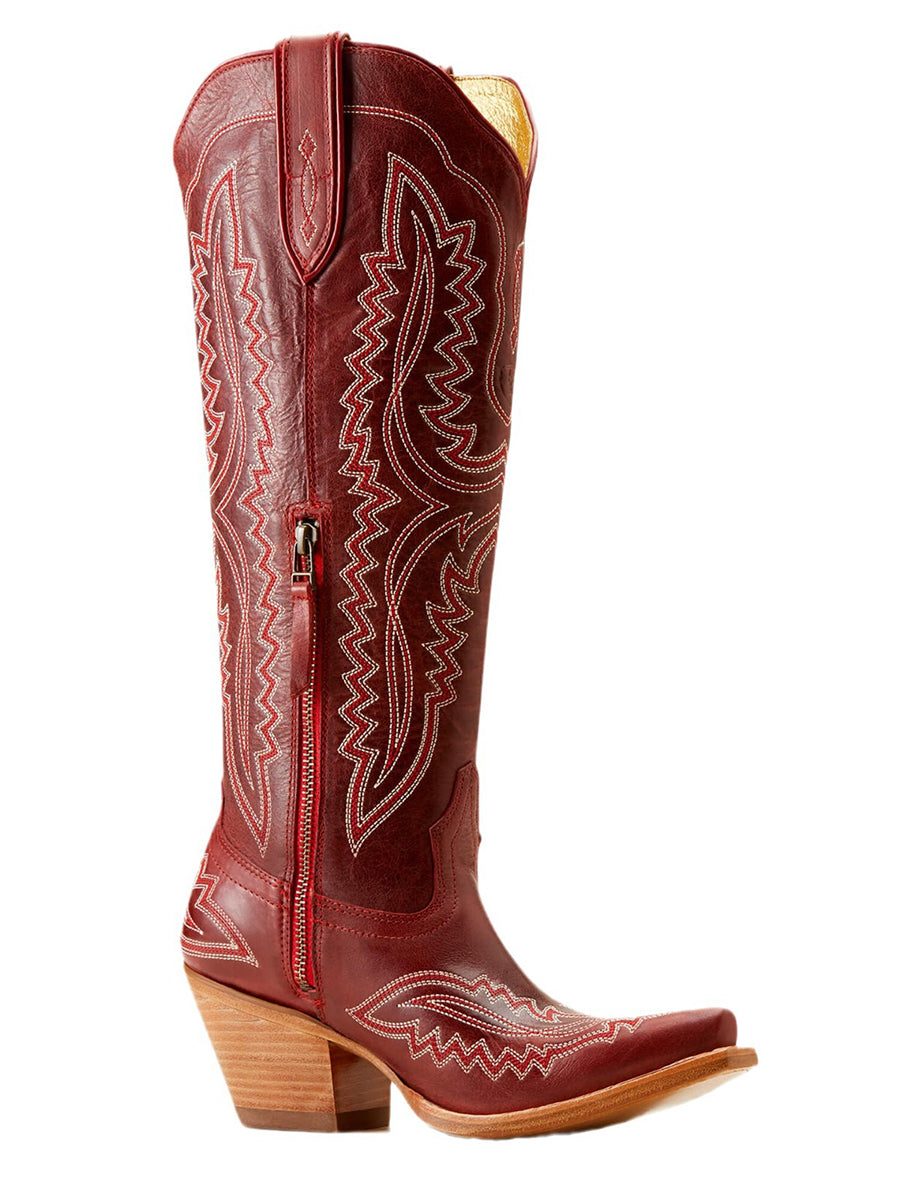 Western Yellow Brown PU Leather Leaf Stitched Patterns Pointed Toe Chunky Heel Boots