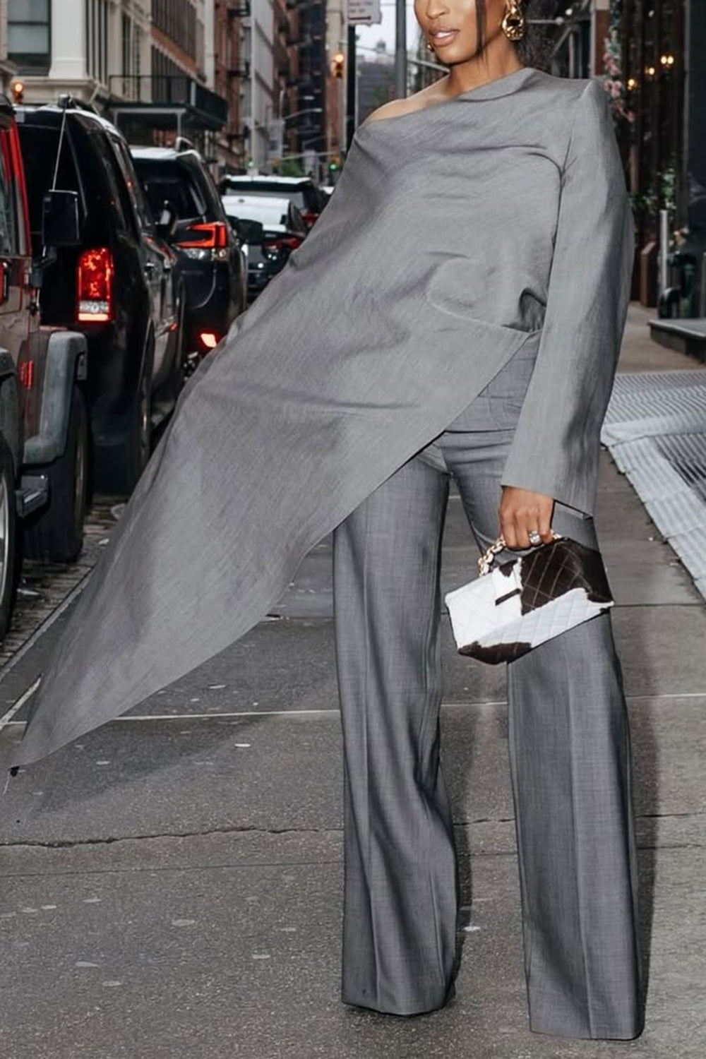 Ursiime Design Formal Grey Oblique Collar Long Sleeve Asymmetric Hem Two Piece Pant Sets [Pre-Order]