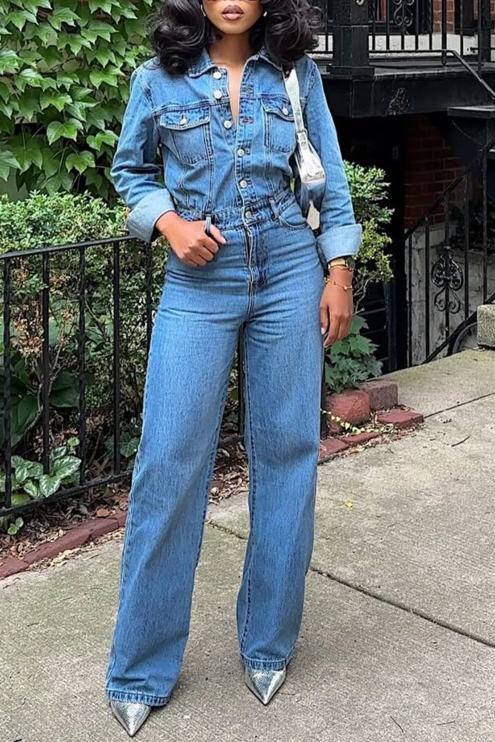 Ursiime Design Business Casual Blue Shirt Collar Long Sleeve Pocket Elegant Denim Jumpsuits [Pre-Order]