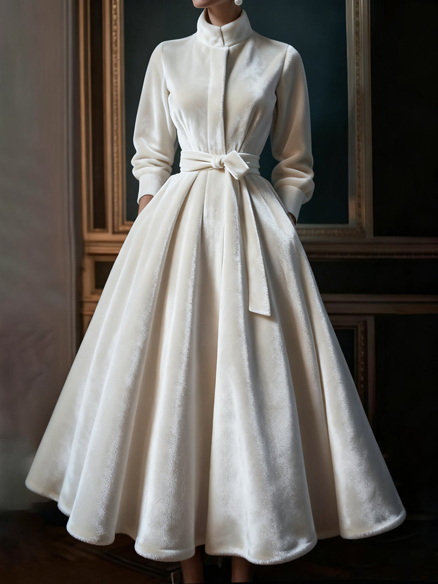 Ursiime Formal White Stand-Up Collar Long Sleeve Bow Tie Elegant Pocket Velvet Maxi Dresses