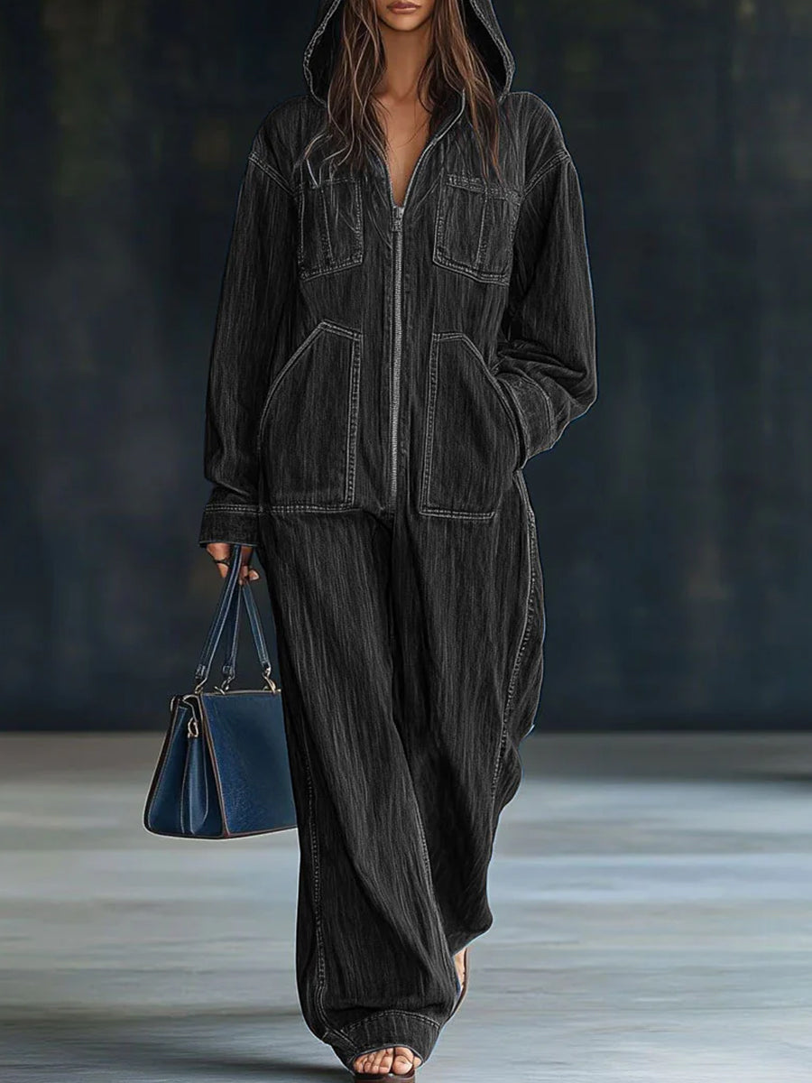 Ursiime Daily Blue Hooded Long Sleeve Pocket Vintage Zipper Denim Jumpsuits