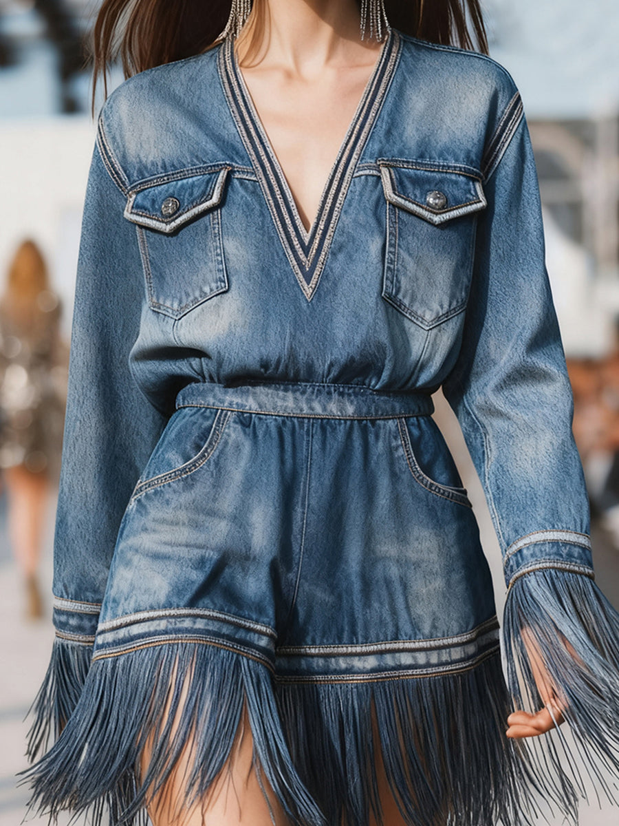 Ursiime Daily Blue V Neck Long Sleeve Strappy Casual Fold Denim Jumpsuits