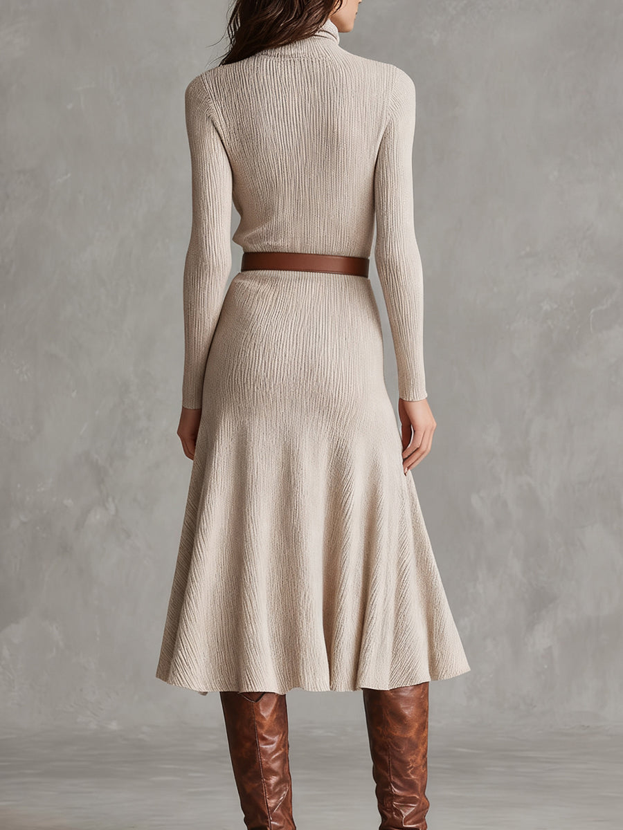 Casual Beige Turtleneck Long Sleeve Knit A-Line Midi Dress