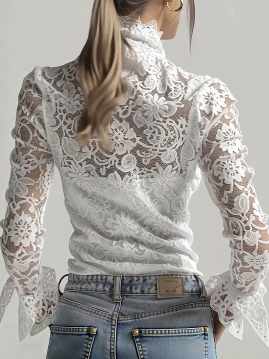 Ursiime White Sheer Lace High Neck Flare Sleeves Top & Camisole 2Pcs Set