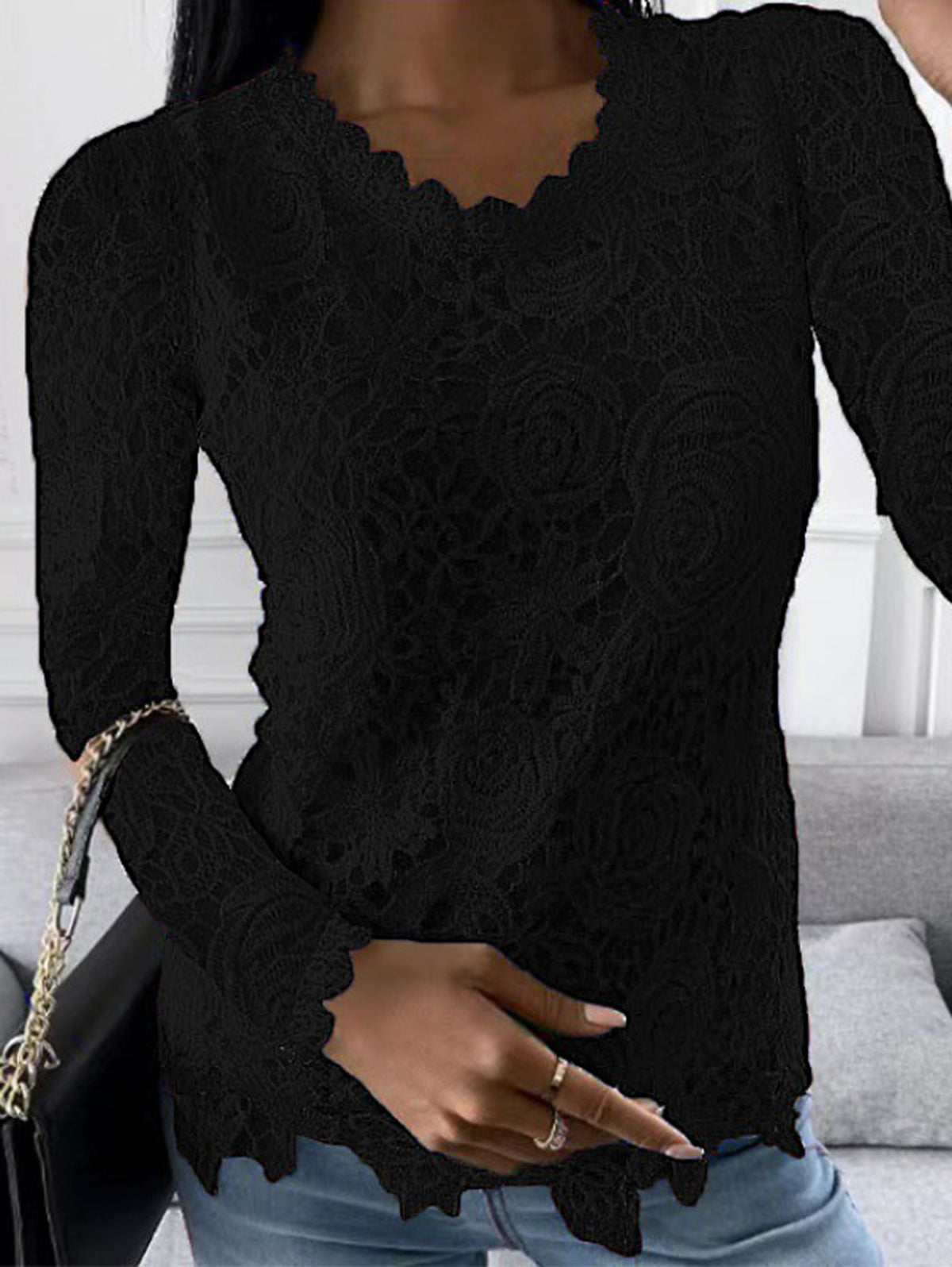 Casual Lace Patchwork Floral Crew Neck Long Sleeve Blouse