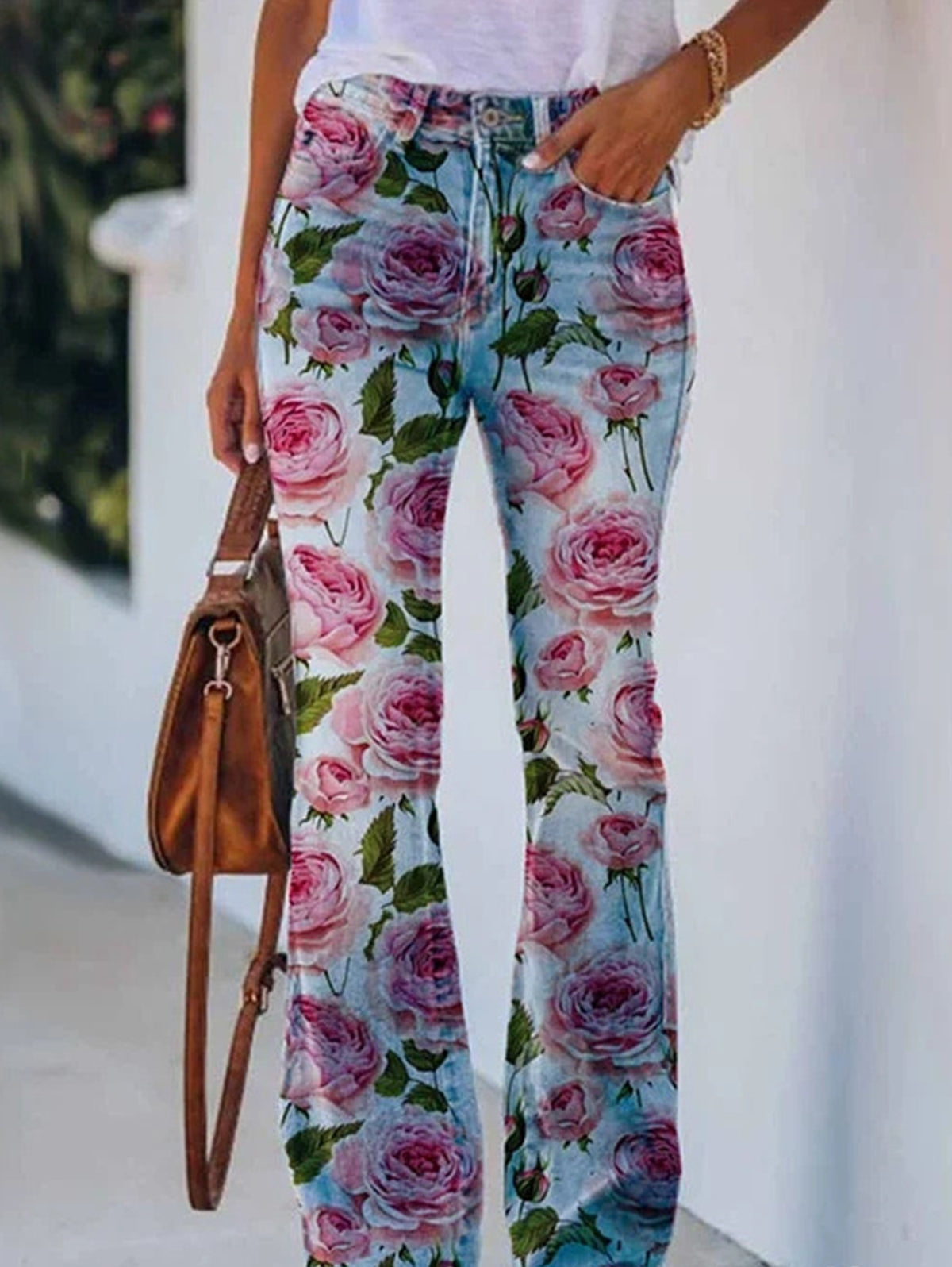 Daily Floral Graphic High Waisted Pocket Flared Pants