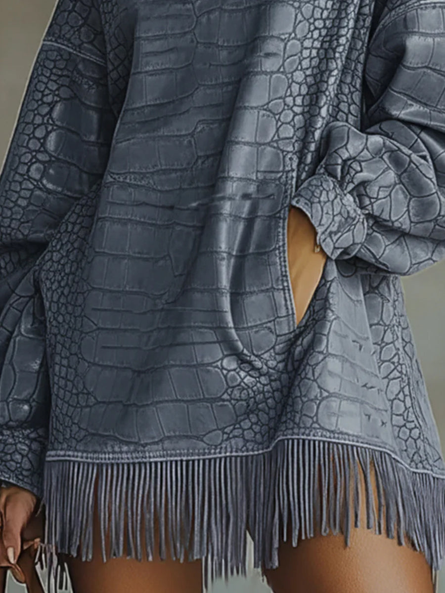 Ursiime Festival Grey High Collar Long Sleeve Strappy Vintage Pocket PU Leather Mini Dresses