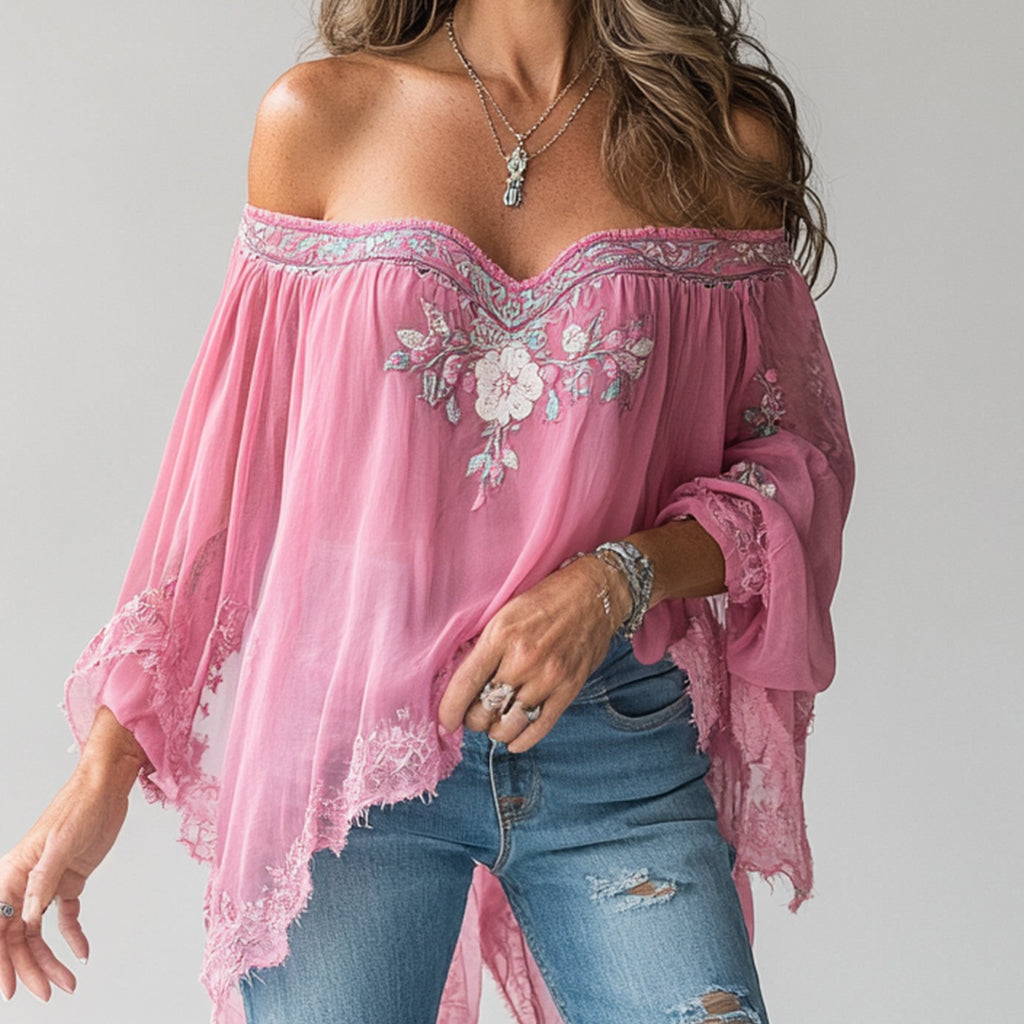 Ursiime Floral Pattern Off Shoulder Long Sleeve Lace Asymmetrical Blouse