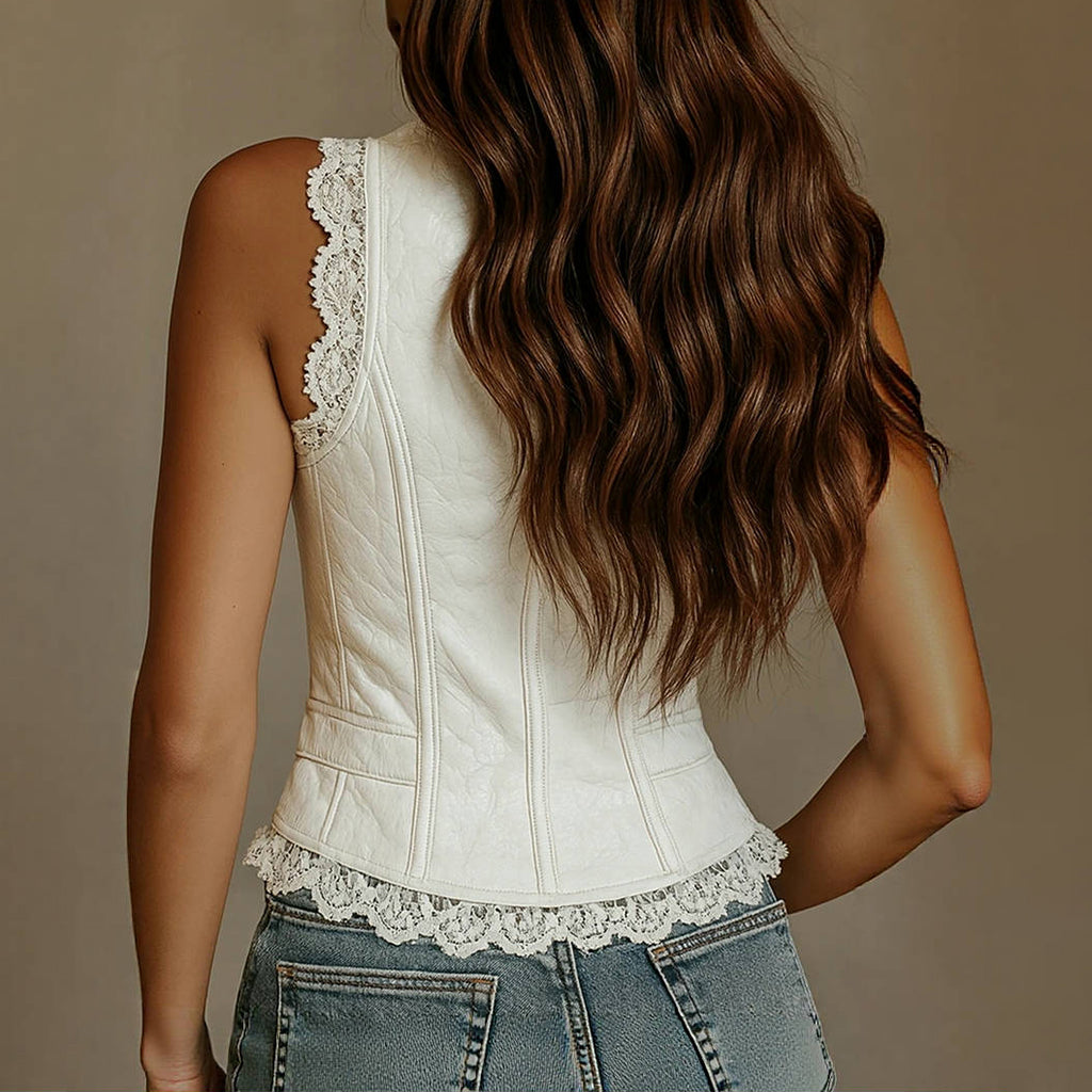 Casual Lace Patchwork Deep V Neck Single Breasted PU Vest