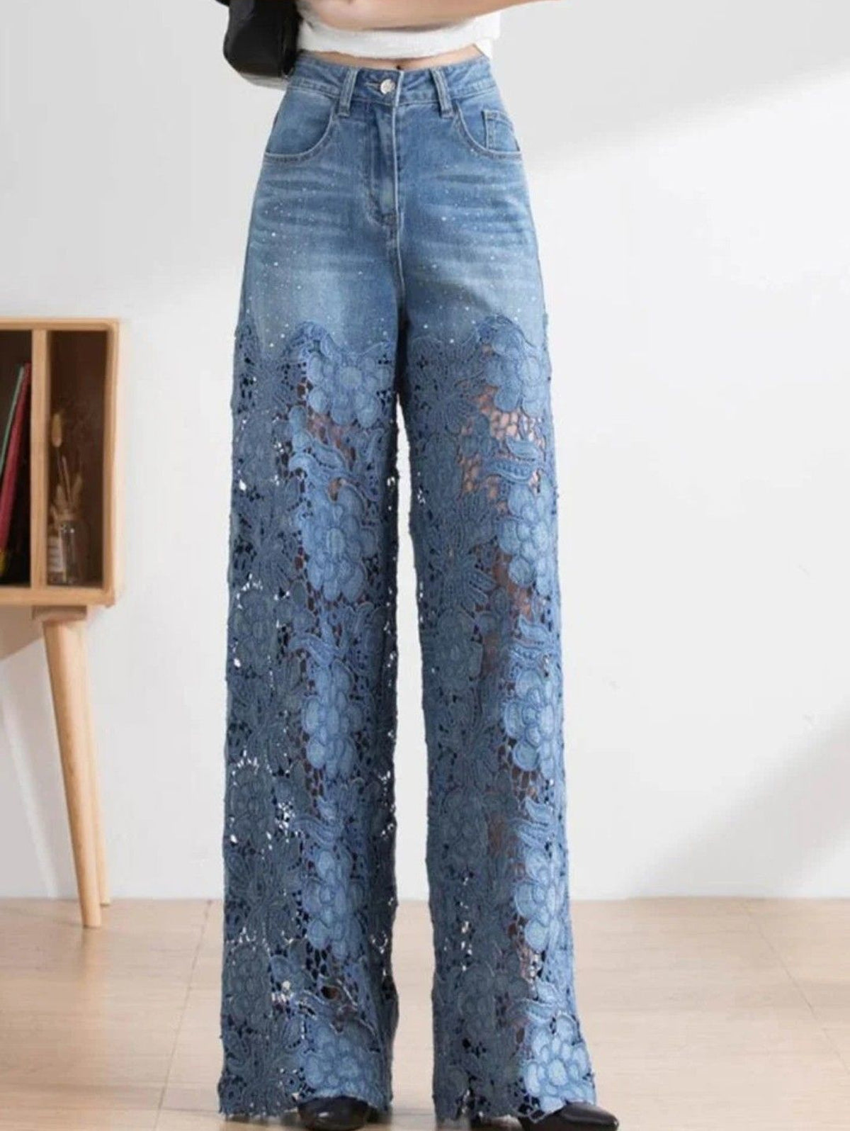Fashion Rhinestone Denim Lace Patchwork High Waist Straight Leg Jeans