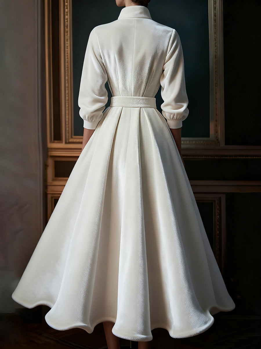 Ursiime Formal White Stand-Up Collar Long Sleeve Bow Tie Elegant Pocket Velvet Maxi Dresses