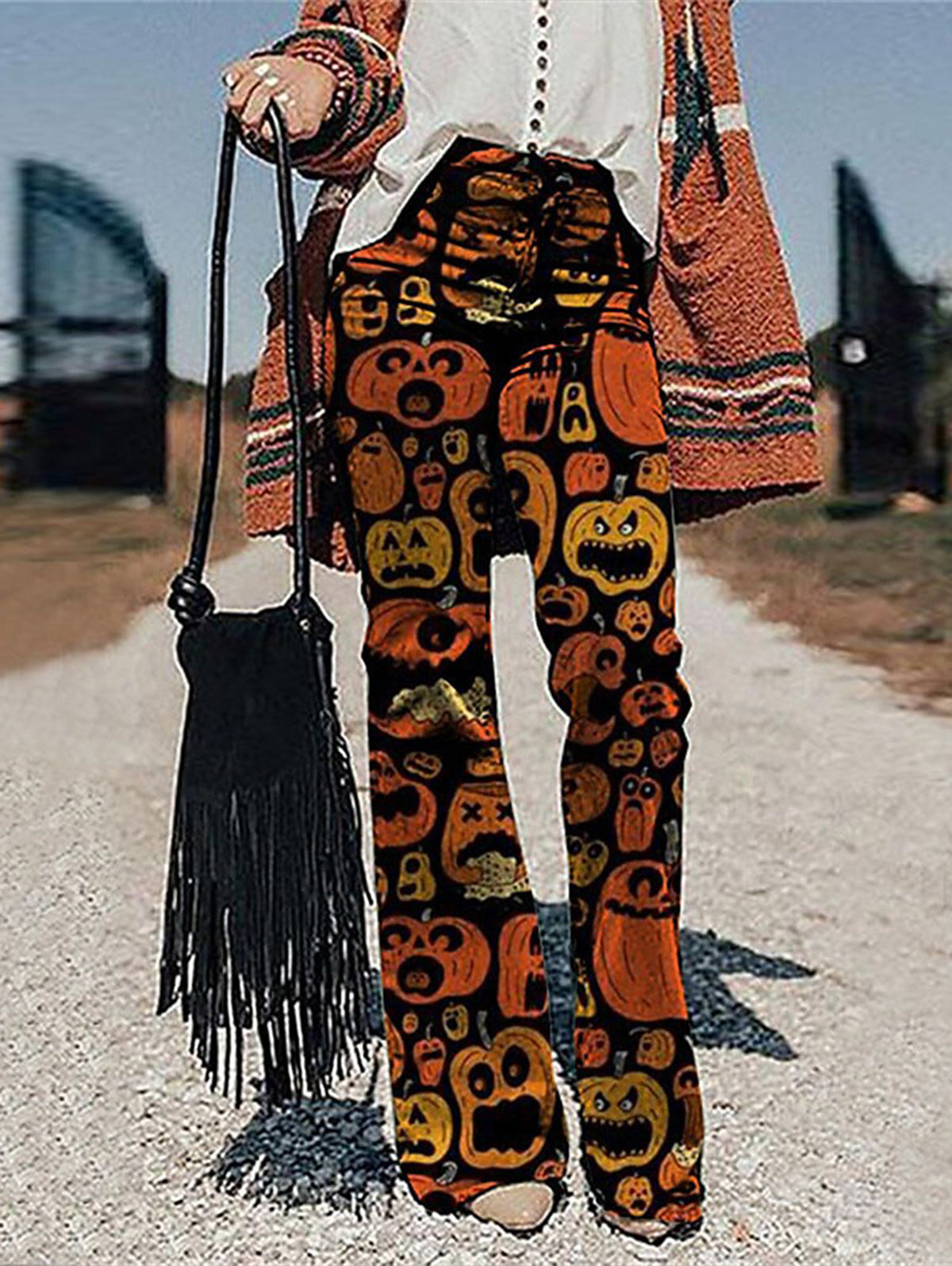 Vintage Allover Pattern High Waist Slant Pocket Flare Leg Pants